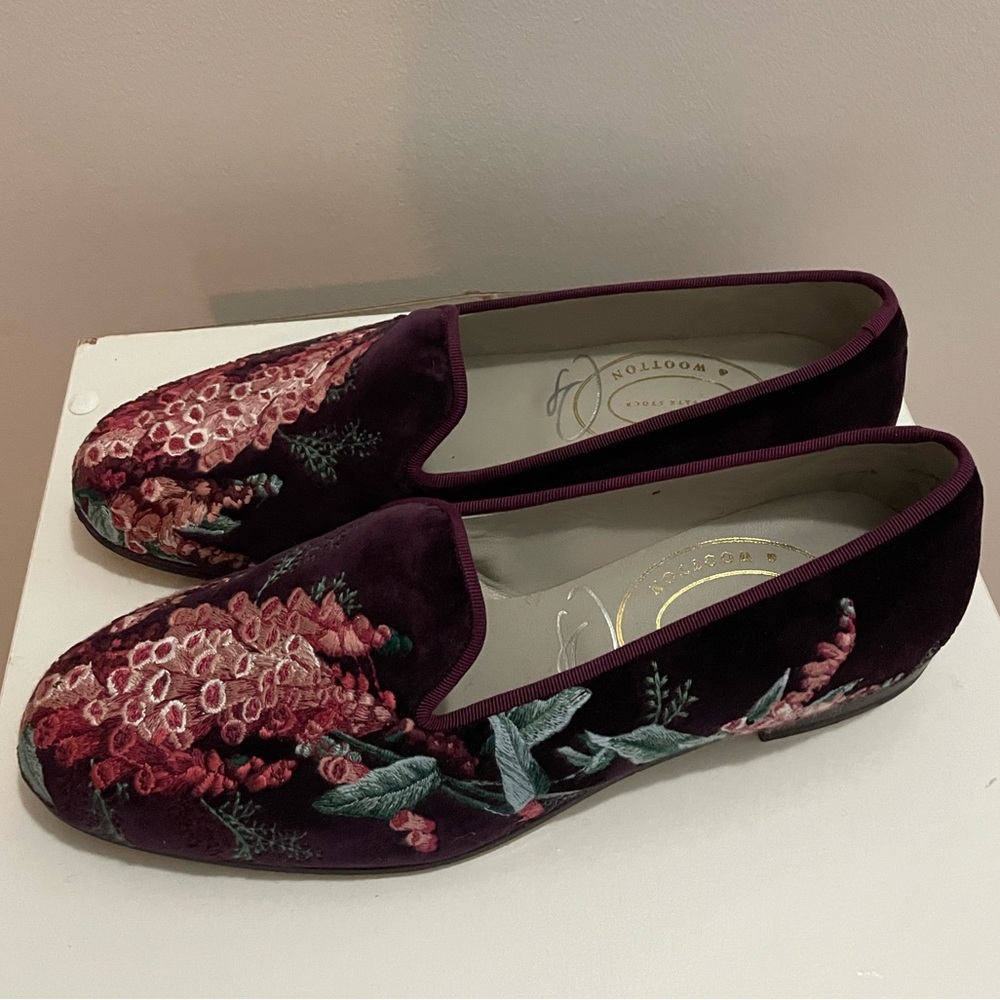 Stubb and Wootton Burgundy Velvet Floral Needle Point Slippers